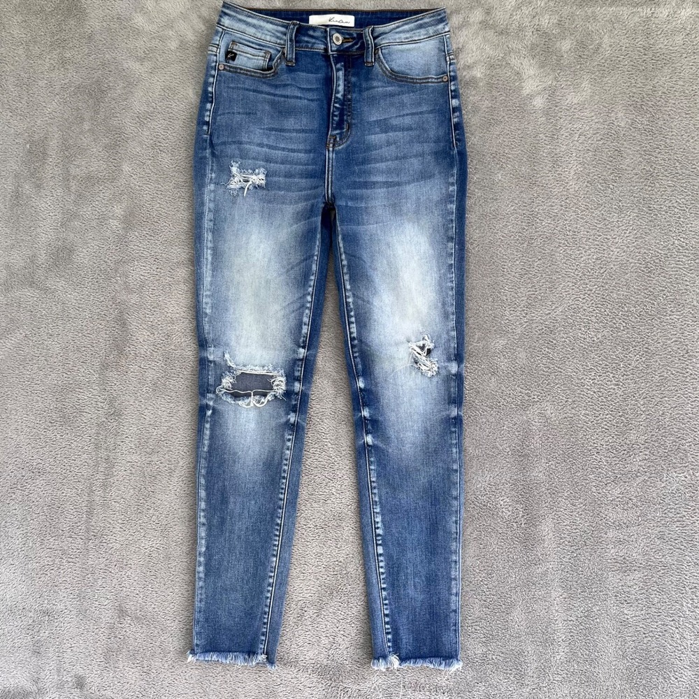 Kancan Jeans Womens 26 Blue Skinny Mid Rise Stretch Ripped Faded Medium Denim